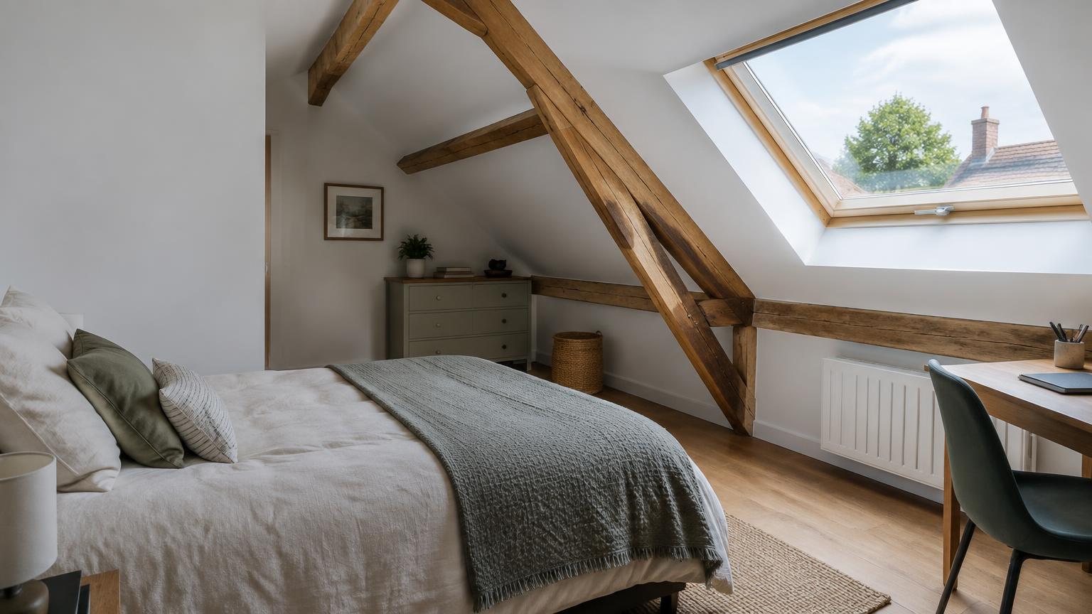 Combles aménagés en pièce à vivre avec fenêtres de toit
