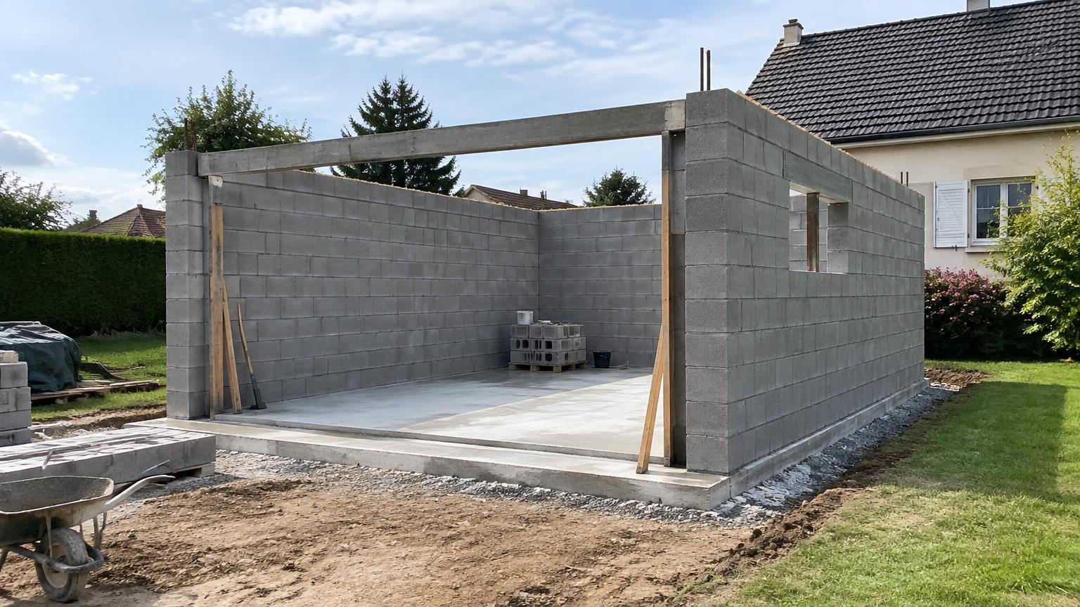 Garage en construction accolé à une maison individuelle