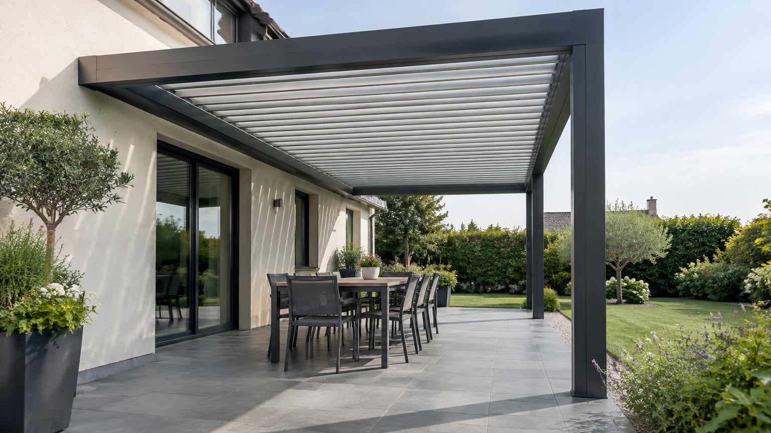 Pergola en bois adossée à une maison
