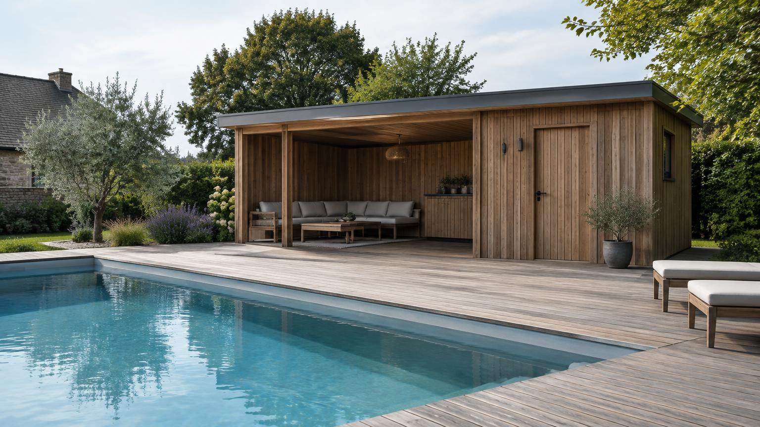 Piscine avec pool house dans un jardin de maison individuelle