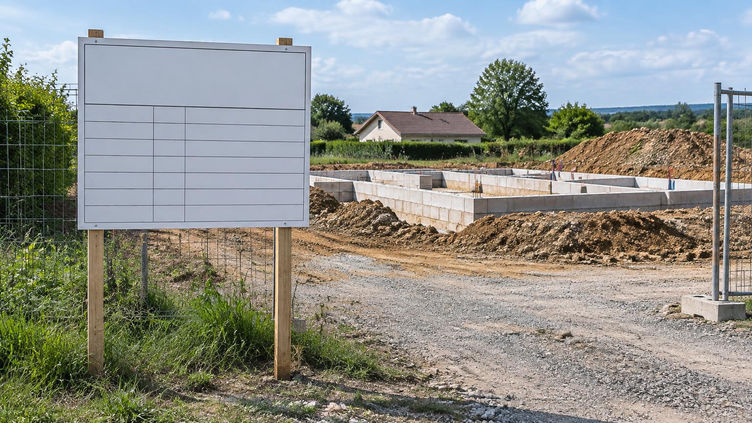 Panneau d'affichage de permis de construire sur un terrain